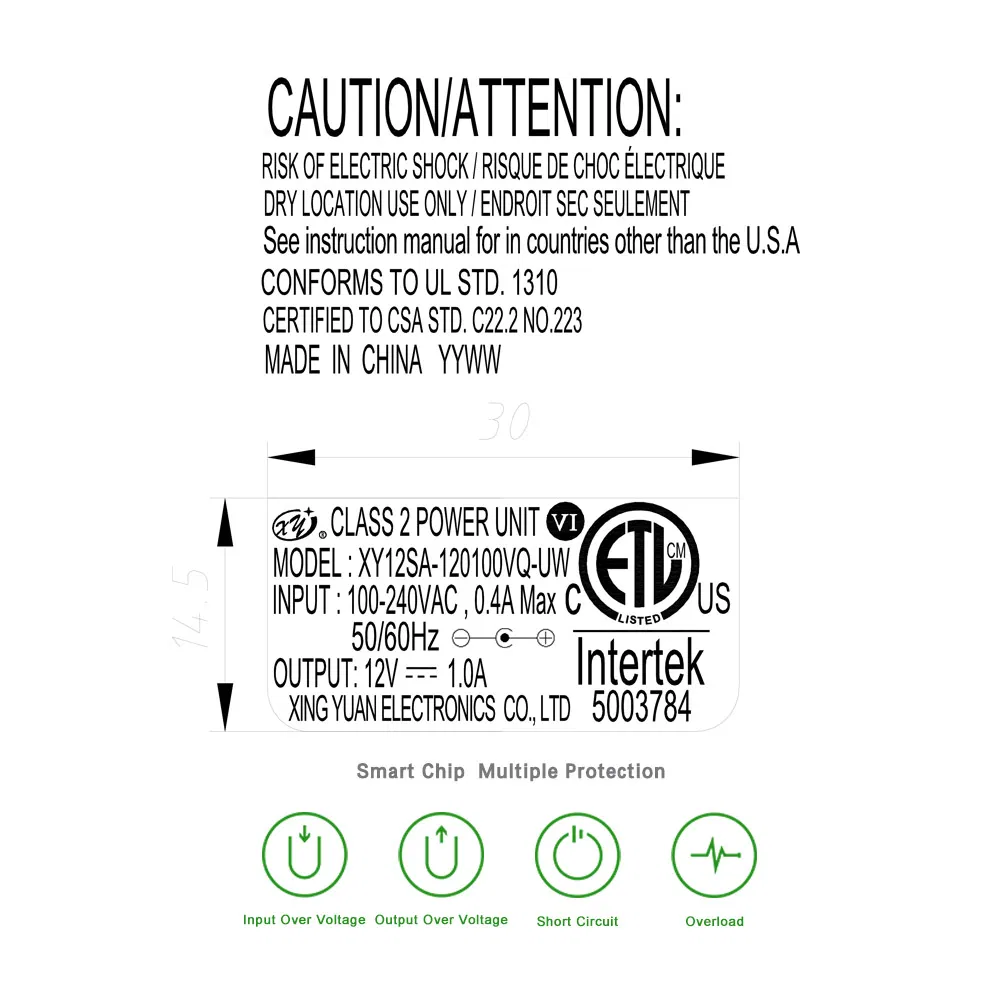 12V 1.0A Power Adapter with ETL FCC Cec VI for LED Strip Lighting for USA Market