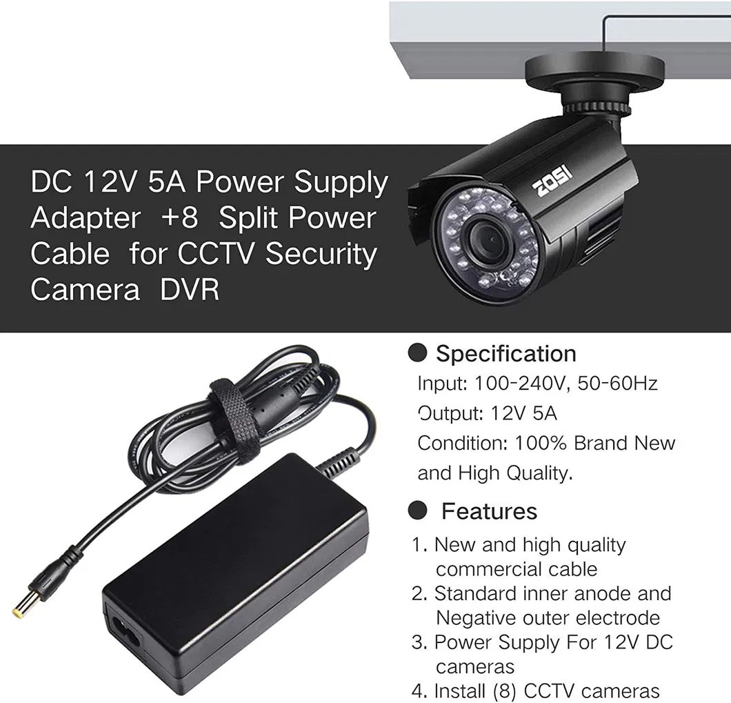 12V 5A 60W AC DC Power Supply with a 8 Way CCTV Power Splitter Cable for CCTV Cameras/LED Strip Lights