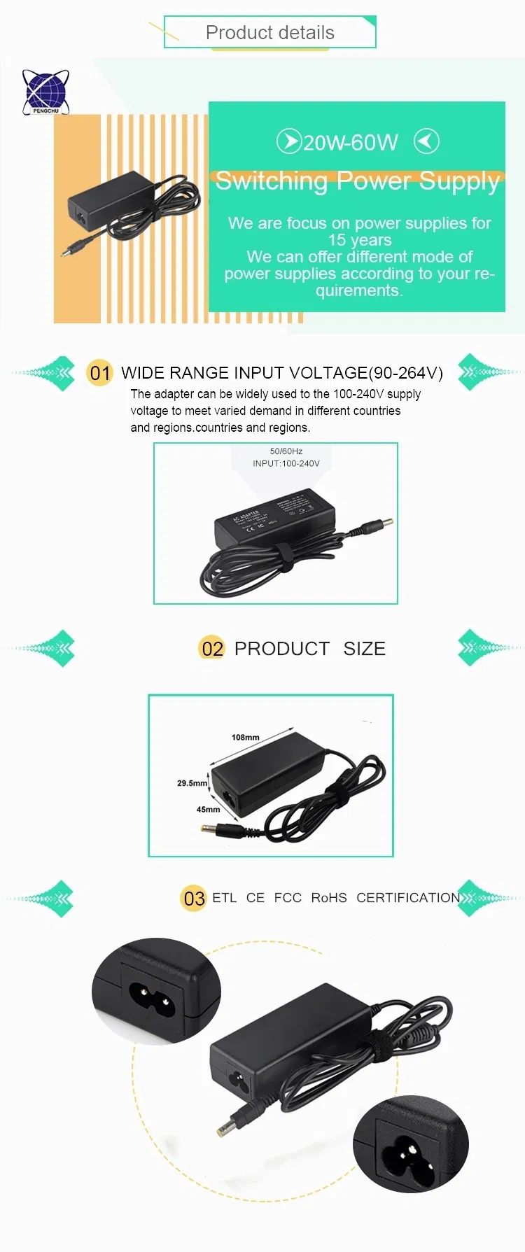 12V 5A 60W AC DC Power Supply with a 8 Way CCTV Power Splitter Cable for CCTV Cameras/LED Strip Lights