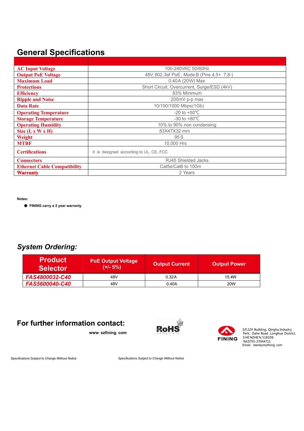 48V320mA/15.4W Gigabit Wall Plug 802.3af Standard Poe Adapter for Wireless Aps, Network Cameras