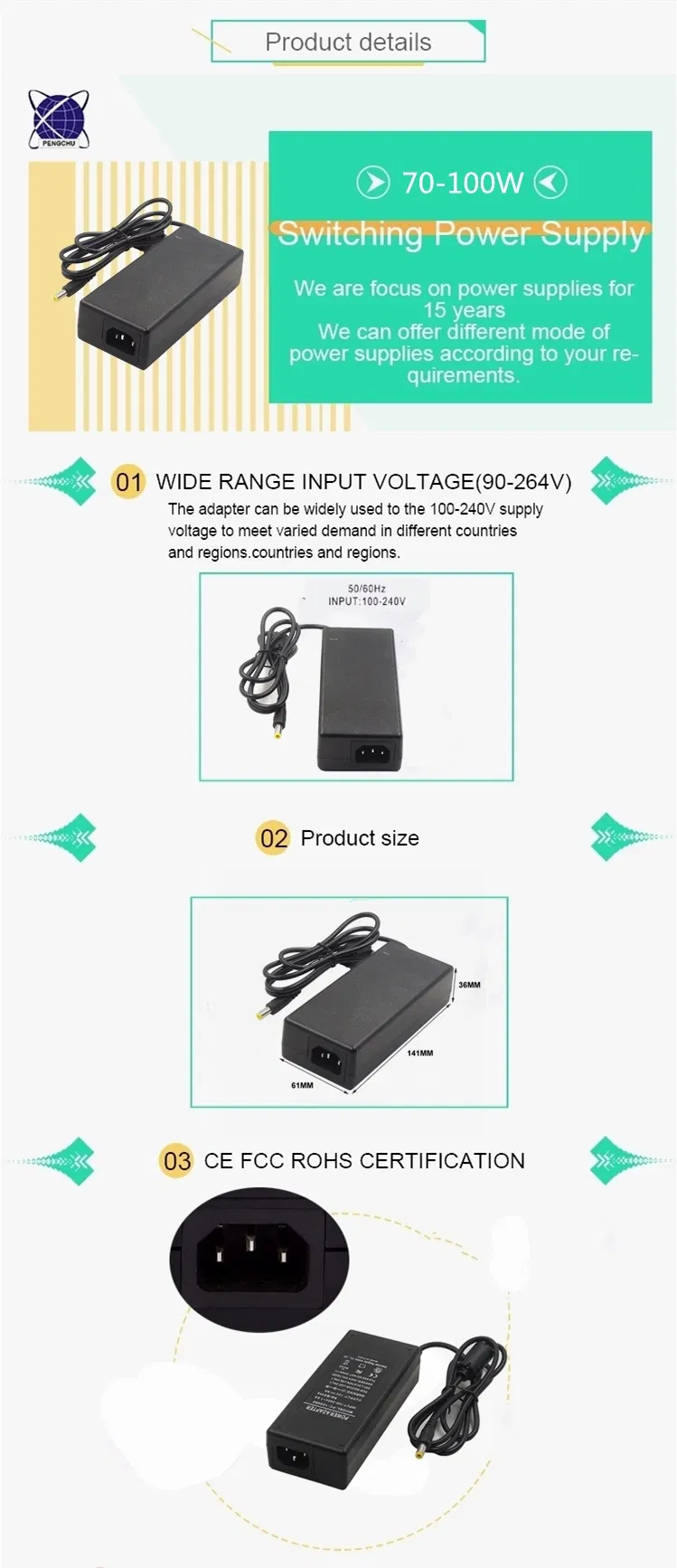 72W Switch Power Supply 24V 3A AC DC Desk Power Adapter