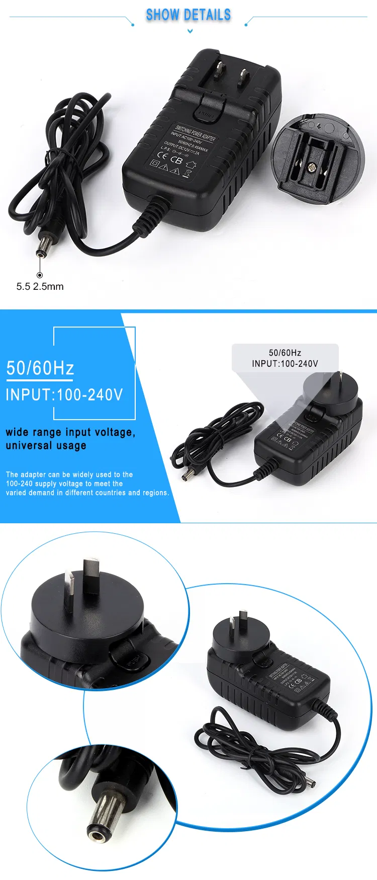 Changeable Plugs 12V 2A Power Adapter wall charger 24W