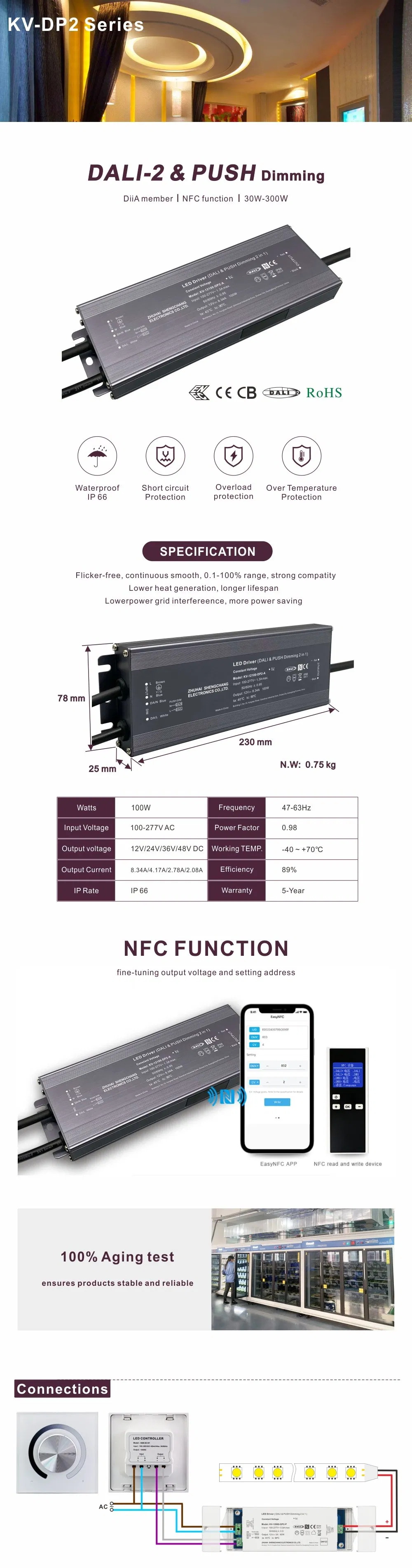 Dali Dimming Push Dimmable 12V 24V 36V 48V 100W Dali 2 Dt8 LED Driver