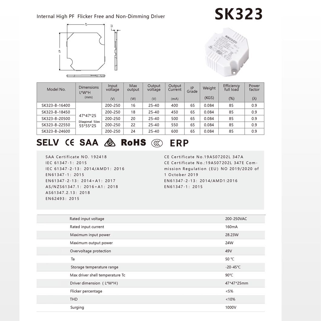 Internal High PF Flicker Free and Non-Dimming LED Driver Sk322 with CE RoHS Selv TUV SAA