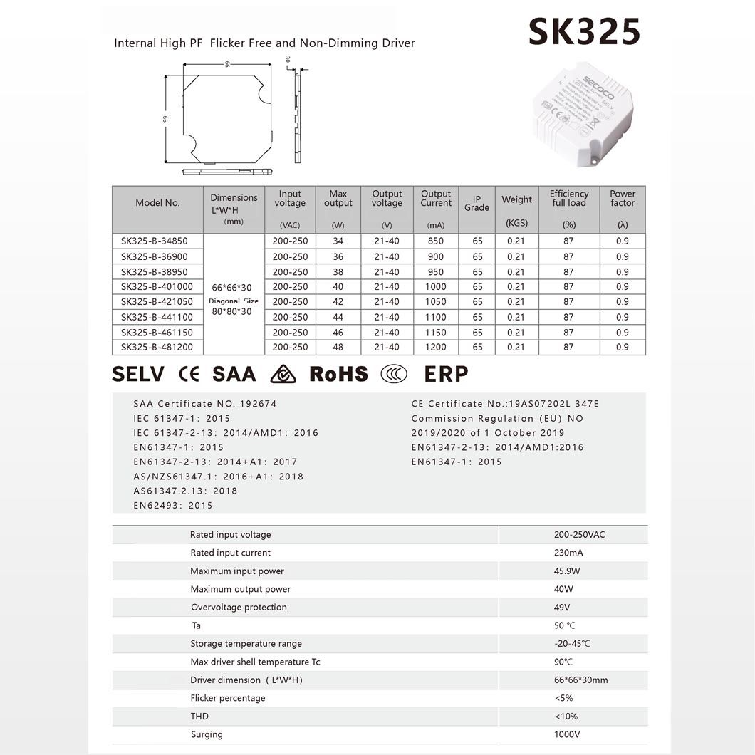 Internal High PF Flicker Free and Non-Dimming LED Driver Sk322 with CE RoHS Selv TUV SAA