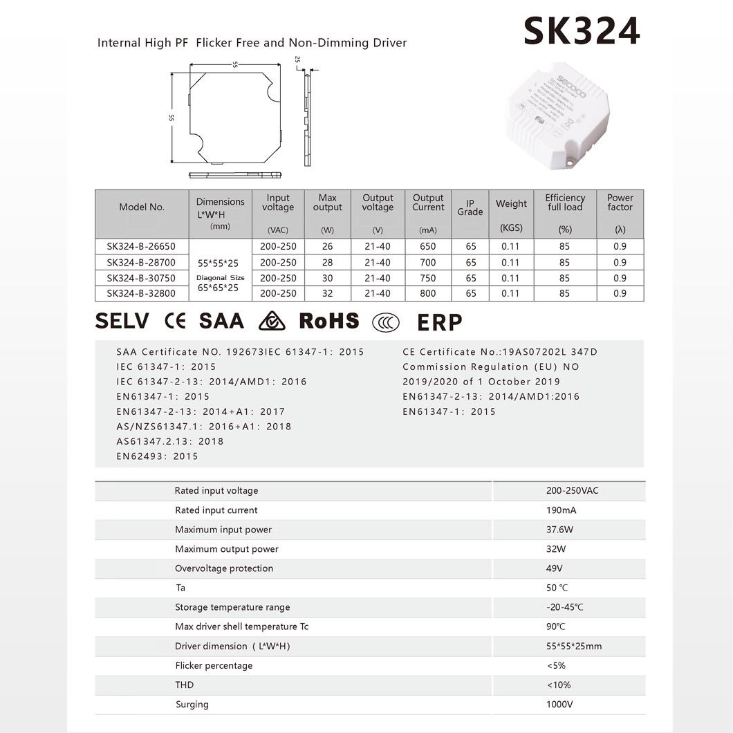 Internal High PF Flicker Free and Non-Dimming LED Driver Sk322 with CE RoHS Selv TUV SAA