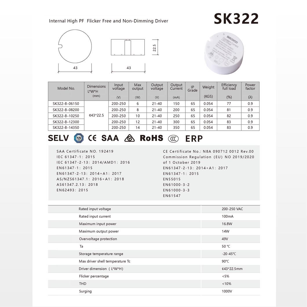 Internal High PF Flicker Free and Non-Dimming LED Driver Sk322 with CE RoHS Selv TUV SAA
