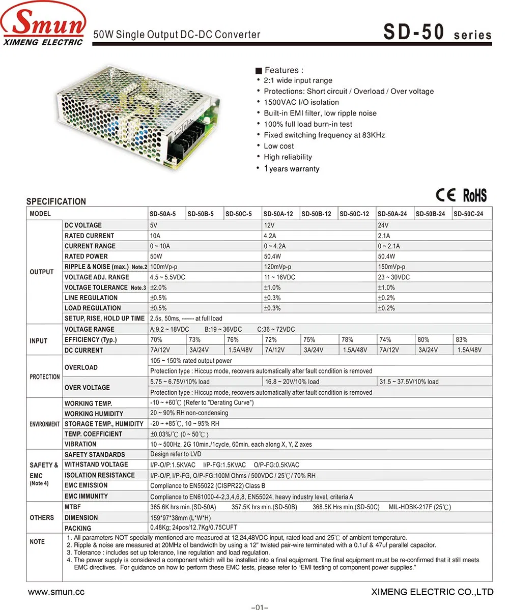 Isolated 48V to 24V 2.1A 50W Single Output DC-DC Converter