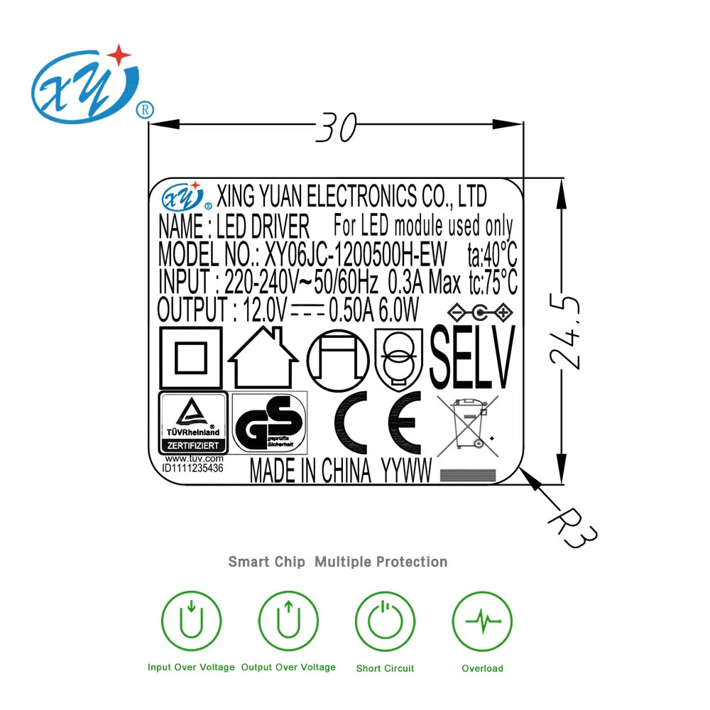 Xingyuan Power Adapter En61347 9V 12V 24V 6W TUV CE GS Approval